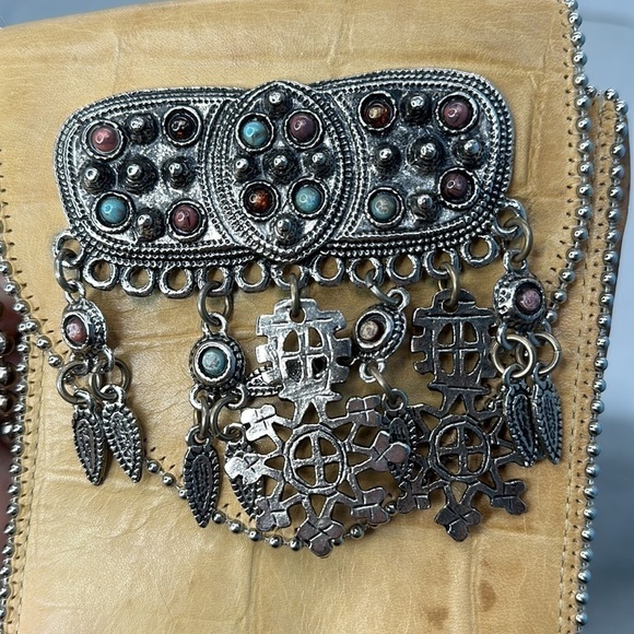 Nina Arjani Leatherock Leather Purse Turquoise Stones and silver Beaded Trim - Picture 5 of 8